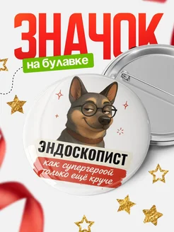 Купить значок Эндоскопист кадровик с собакой в очках с доставкой по России