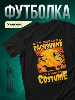 Купить футболку чёрную с таксой в костюме на Хэллоуин — оригинальный подарок с доставкой по России
