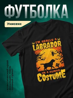 Купить чёрную футболку с лабрадором в костюме ведьмы — смешной принт в подарок